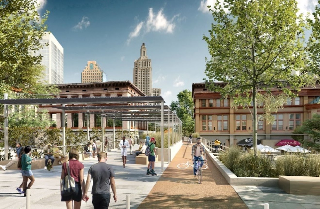 Photo Showing Phase 1 rendering of new bicycle and pedestrian bridge to connect Riverwalk to planned development in Kennedy Plaza